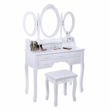 Vanity Set Tri-folding Mirror Make-up Dressing Table Padded Stool with 7 Drawers 2 Dividers