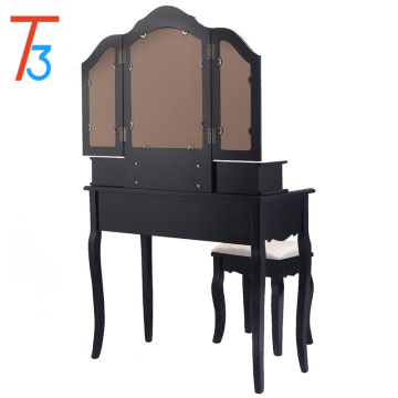 Tri folding mirror wood table dresser furniture 4 drawers stool
