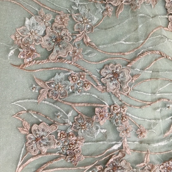 Dark Pink Beaded Tulle Handmde Flower Fabric