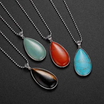 Natural Gemstone & Crystal Steel Stainess Waterdrop Pendant 47x25x8mm
