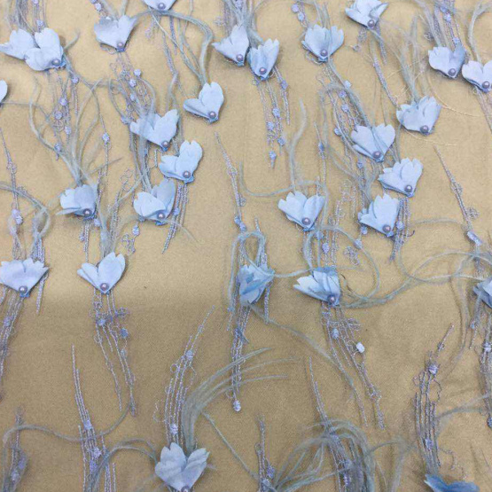 Blue Feaher Pearl Flower Embroidered Fabric for Dresses