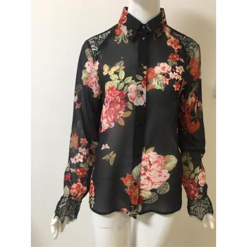 printed chiffon  shirt with Lace