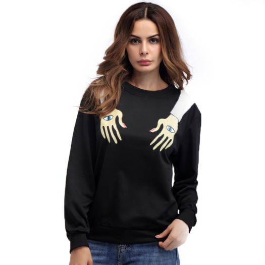 Women's Long Sleeves Hand Printed Pullover Black Sweatshirt