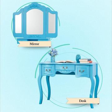 Blue color Beauty Station Makeup Table Wooden Stool Set Mirrors with Organization Drawers