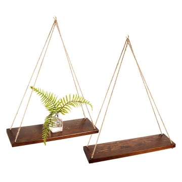 Station Rustic Style Walnut Color Hanging Swing Rope Floating Shelves for Wall
