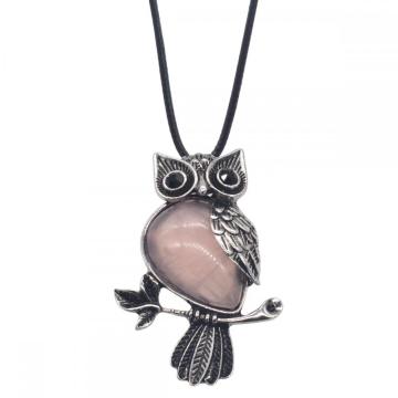 Natural Rose Quartz Alloy Owl Gemstone Pendant fow Women Jewelry Necklace