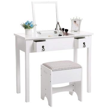 Cushioned Stool 3 Removable Organizers Mirror Makeup Dressing Table Writing Desk with 2 Drawers