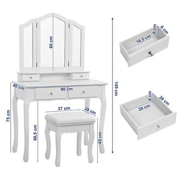 Large Dressing Table Set with Tri-fold Mirror Make-up Desk and Cushioned Stool 4 Drawers