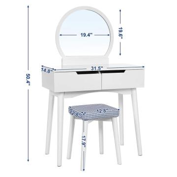 White Vanity Table Set with Round Mirror 2 Large Sliding Drawers Dresser Makeup Table Dressing Table Set