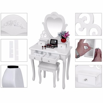 Wall-fixed HEART Dressing Table with Stool and Mirror, 4 Drawers Vanity with 2 divider