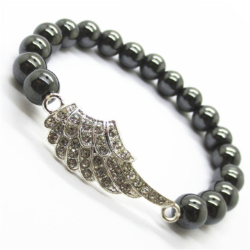 Hematite 8MM Round Beads Stretch Gemstone Bracelet with Diamante alloy Wing Piece