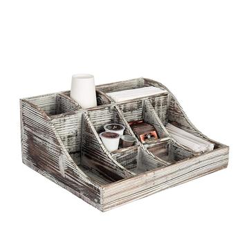 9 Compartment Rustic Torched Wood Tabletop Condiment Holder Coffee Tea Storage Caddy