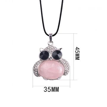 Sincere Silver Jewelry Rose Quartz Stone Owl Alloy Pendant Necklace for Women Accessories