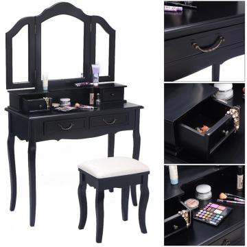 Black wood makeup 4 drawers stool wardrobe dressing table design