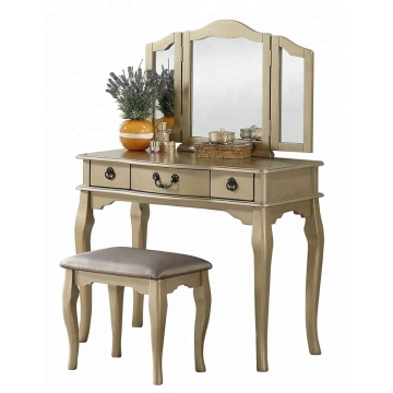 Tri-Fold Mirror Champagne color Vanity Table with Stool Set