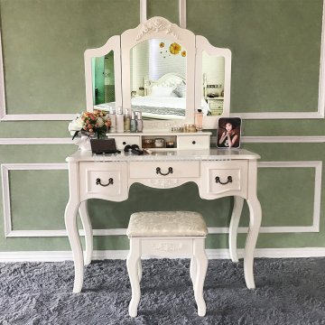 Vanity Set Tri-Folding Mirror Vanity Dressing Stool 5 Drawers Bedroom Makeup Vanity Table Set Ivory White