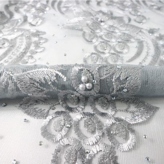 Grey Heavy Beaded Nigeria lace Fabric