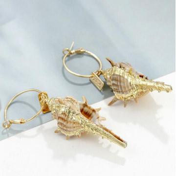 Womens Golden Accent Ocean Seashell Couch Mermaid Sea shell Witch Drop Dangle Earrings