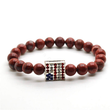 Red Jasper 8MM Round Beads Stretch Gemstone Bracelet with Diamante USA Flag Piece