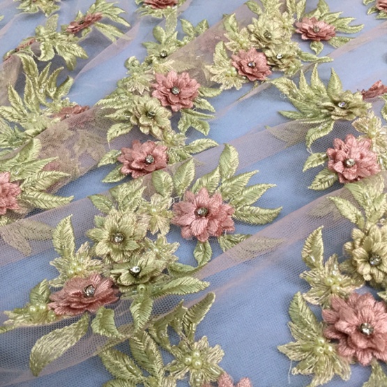 Green Flower Handwork Pearl Tulle Lace Fabric