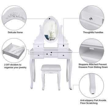 Make-up Dressing Table 5 Drawers 2 Dividers White Vanity Set with Mirror and Stool