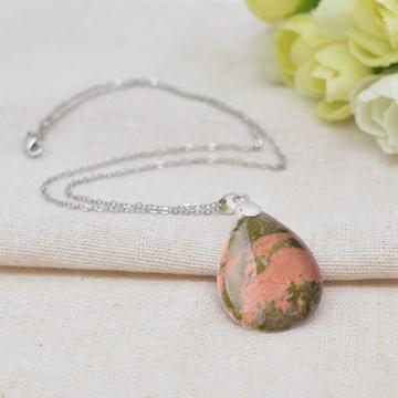 Natural Unakite 28x35MM Waterdrop Pendant Necklace with 45CM Silver Chain