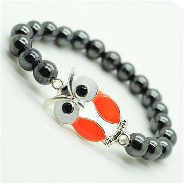 Hematite 8MM Round Beads Stretch Gemstone Bracelet with alloy Owl Piece