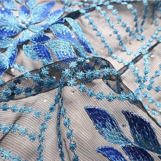 Blue Beaded Pearl lace Dubai Lace Fabric