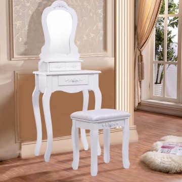 Round Mirror 4 Drawers White Bathroom Vanity Dressing Table Set Mirror with Stool