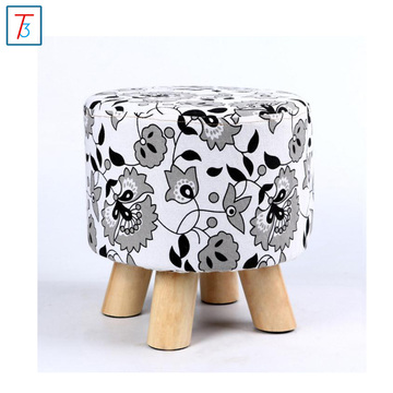 Decorative printing linen round stool with 4 wooden legs