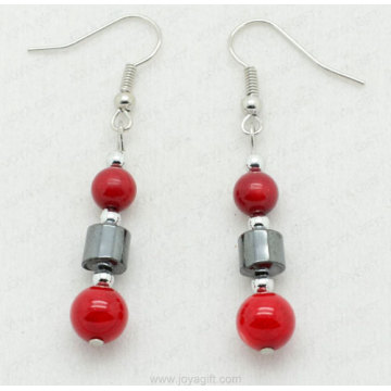 Red Coral Round Beads Hematite Earring