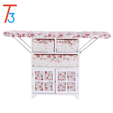 home furniture ironing board foldable wooden cabinet with wicker drawer