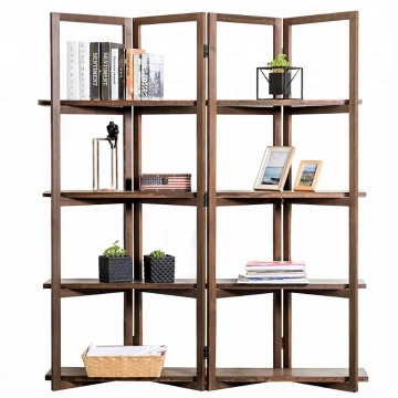 Modern Dark Brown Wood 4-Panel Open Bookcase Room Divider 4 Tier Display Shelf Rack