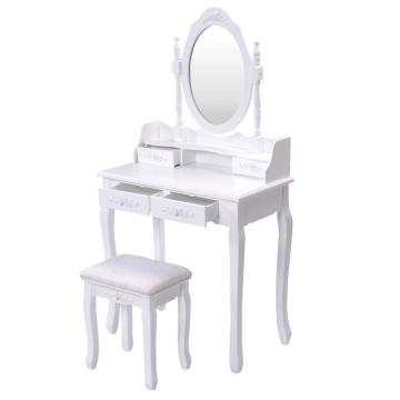 Bathroom Vanity Wood Makeup Dressing Table Stool Set with Mirror
