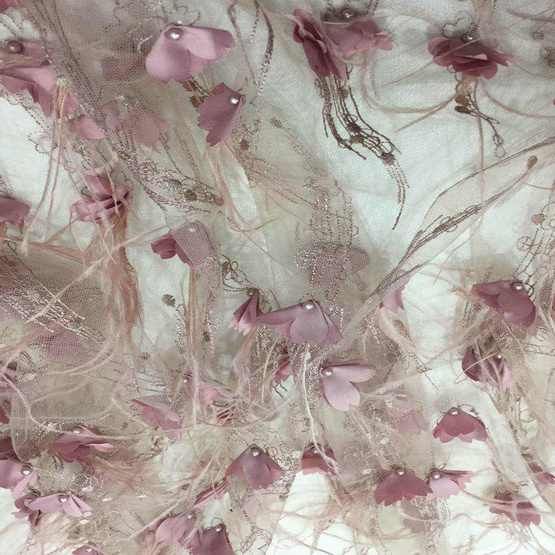 Feather Pearl Lace Embroidered Net Fabric for Dress