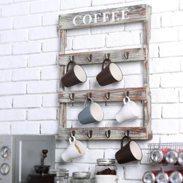 Hook Rustic Wall-Mounted Wood Coffee Mug Holder, Kitchen Storage Rack, Brown