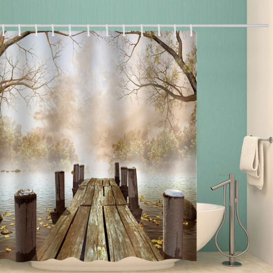 Wooden Bridge Waterproof Shower Curtain River Dry Tree Nature Bathroom Decor