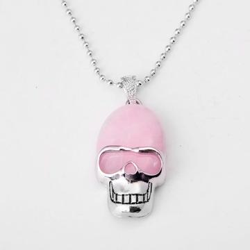 Rose Quartz Skull Gemstone Pendant Necklace