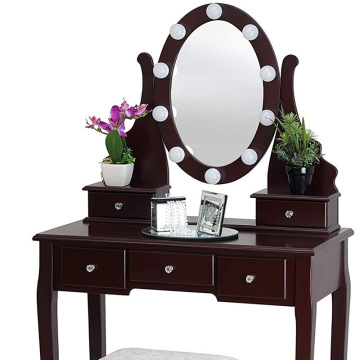 Dressing Table with Stool and LED Lights with 5 Drawers and Mirror, Brown