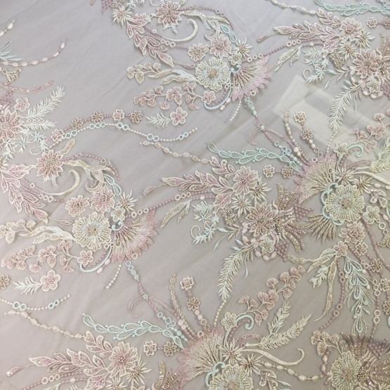 Light Color Handwork Beaded Bridal Dress Fabric