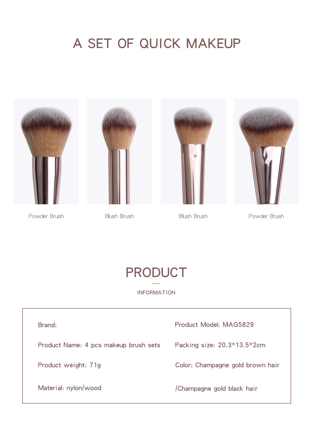 4 Piece Champagne Gold Makeup Brushes set name