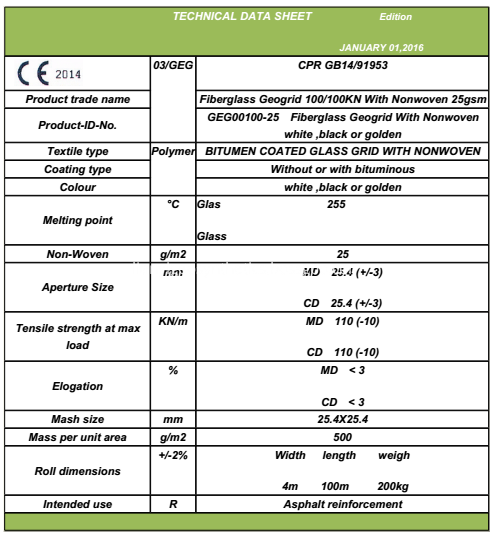 TDS-FIberglass Geogrid 100-100 KN WITH NONWOVEN