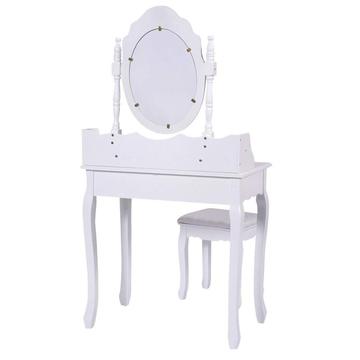 Bathroom Vanity Wood Makeup Dressing Table Stool Set with Mirror (Round Mirror, 3 Drawers)