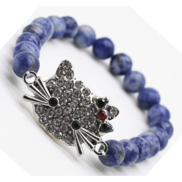 Sodalite Gemstone Bracelet with Diamante alloy cat head Piece