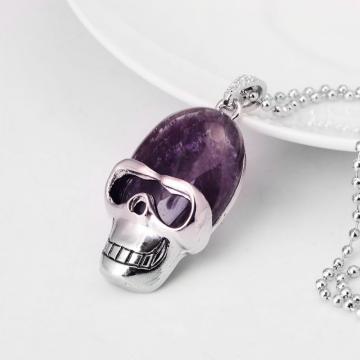 Natural Amethyst Skull Gemstone Pendant Necklace with Silver chain