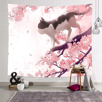 Sakura Tapestry Wall Hanging Flower Cat Cherry Blossoms Wall Tapestry Pink Nature Spring Wall Art for Livingroom Bedroom Home Do