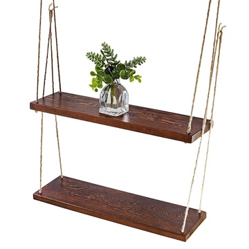 Station Rustic Style Walnut Color Hanging Swing Rope Floating Shelves for Wall