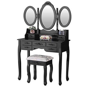 Black Tri Folding Mirror Vanity Dressing Table with 7 Drawers/Stool Makeup Dresser with Mirror Wooden Dressing Table Designs