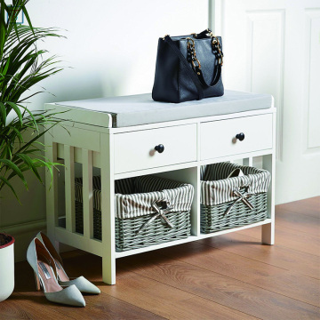Hallway Seat Storage Unit White & Grey Wood Storage Bench with 2 Drawers 2 Wicker Baskets