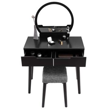 Vanity Table Set with Round Mirror 2 Large Sliding Drawers Makeup Dressing Table with Cushioned Stool, Black